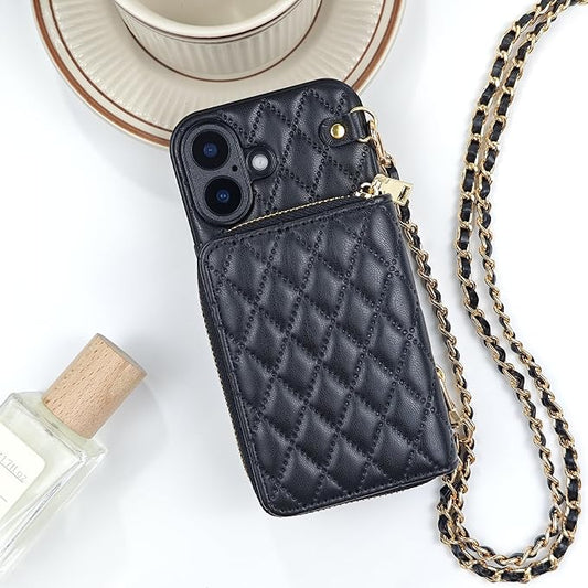 Compatible with iPhone 17 Case Wallet for Women, Stylish Crossbody Wallet Case with Detachable Chain Strap&Card Slots Holder, Quilted PU Leather Kickstand Phone Cases for iPhone 17, 6.3 inch