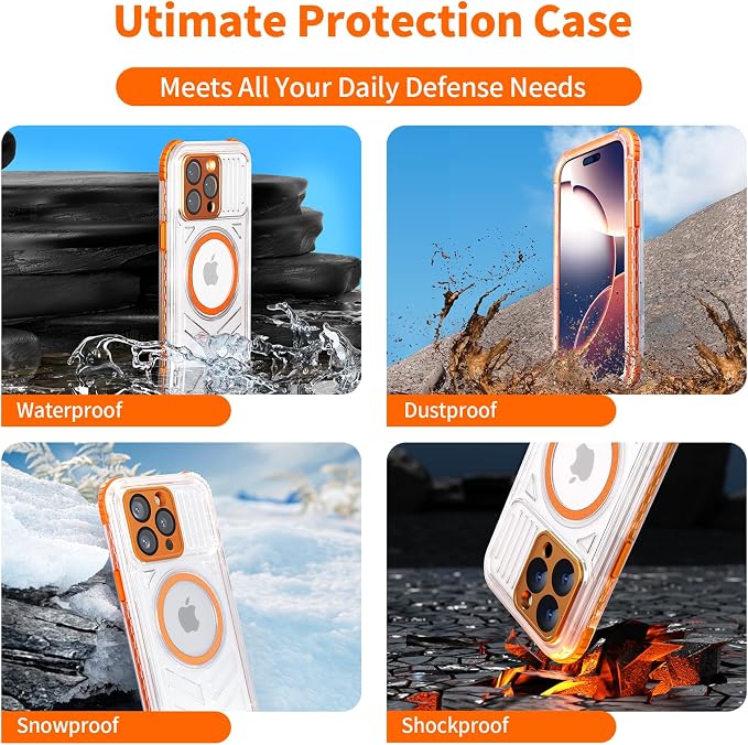 for iPhone 15 Pro Waterproof Case Compatible with MagSafe, IP68 Underwater Case Built-in Screen Protector, Slim Translucent 360° Full Body Protection, 12FT Military Grade 6.1 inch Orange