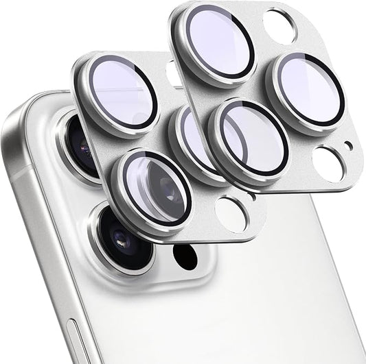 2 Pack Camera Lens Protector for iPhone 16 Pro/16 Pro Max,Metal AR Tempered Glass Rear Camera Screen Cover,Anti-Scratch,Strong Adsorption,Case Friendly, Easy to Install-Silver