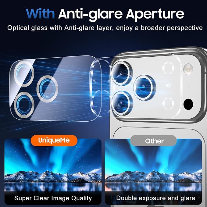 UniqueMe 3 Pack Compatible for iPhone 17 Pro Max Camera Lens Protector - [Drop Protection] [Case Friendly] 9H Tempered Glass Camera Cover Screen [Update New Version] - Silver