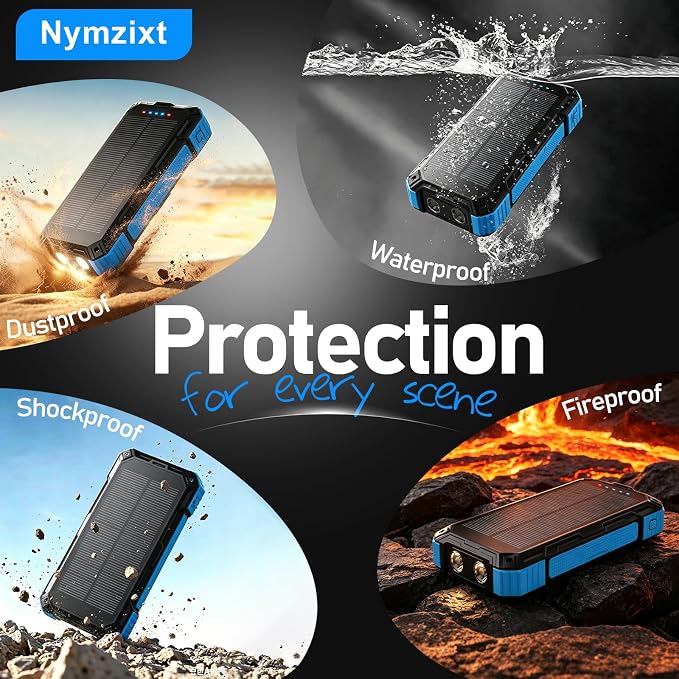 Solar Power Bank 49800mAh Portable Wireless Charger with USB-C 22.5W Fast Charging Built in 4 Cables Compatible with iPhone, iPad, Bright LED Flashlight Perfect for Camping (Blue)