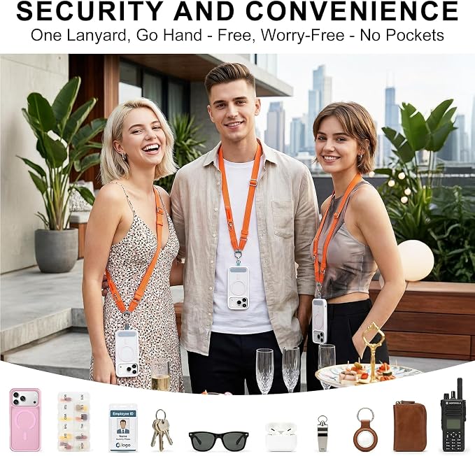 Phone Lanyard Crossbody with 2 Phone Tabs, Adjustable Anti Theft Phone Strap for iPhone & Android, Universal Skin-Friendly Cell Phone Neck Lanyard for Travel Hiking Cycling Shopping (Orange)