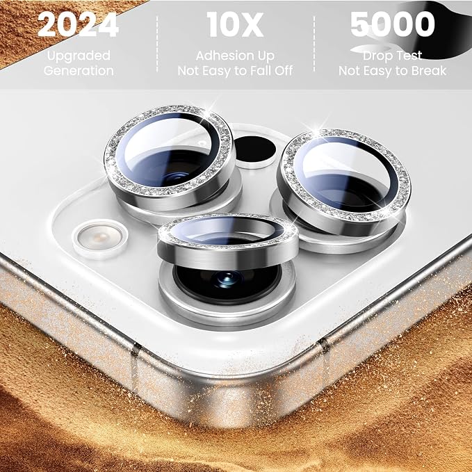 Uyiton for Bling iPhone 16 Pro Max / 16 Pro / 14 Pro Max / 14 Pro Camera Lens Protector - Not Easy to Break Strong Adsorption Individual Metal Tempered Glass Rear Camera Screen Cover - Glitter Silver