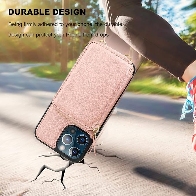Bocasal RFID Blocking Wallet Case for iPhone 13 Pro, Adjustable Crossbody Zipper Purse Case Card Holder with Kickstand Detachable Wrist Strap, PU Leather Flip Folio Case 6.1 Inch 5G (Rose Gold)
