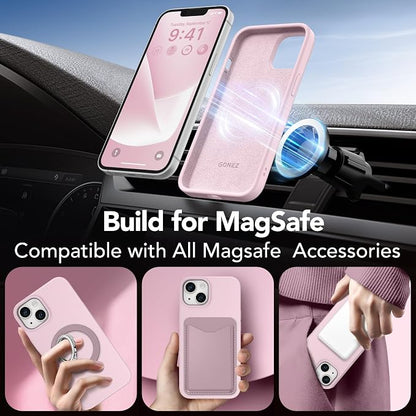 GONEZ Magnetic for iPhone 14 Case, Compatible with Magsafe, with Screen Protector + Camera Protector, Anti-Scratch Microfiber Lining, Liquid Silicone Shockproof Protective Phone Case, Pastel Pink