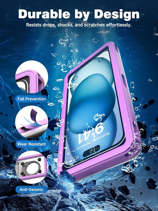 APRUT Waterproof Phone Pouch Case 7.5", 2025 Upgraded IPX8 Waterproof Phone Case for Snorkeling, Universal Fit for iPhone 16 Pro Max 15 14 13, Galaxy S25, Beach Vacation Essentials (Purple)