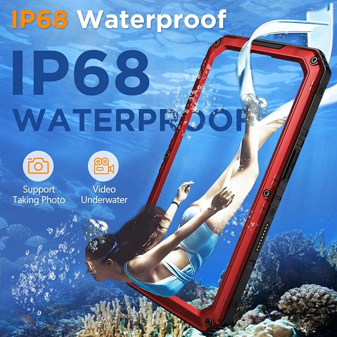 Mitywah Waterproof Case for iPhone 16, Shockproof Heavy Duty Case with Built-in Screen Protector, Underwater Full Body Protective Metal Case 6.1 inch, Red