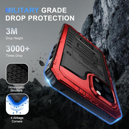 Beasyjoy for iPhone 15 Pro Max Case Waterproof, Metal Heavy Duty Full Body Protective Case with Built-in Screen Protector, Military Grade Shockproof Defender Cover for iPhone 15 Pro Max 6.7", Red