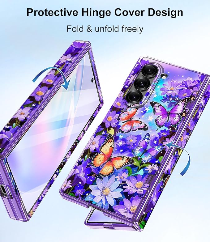 Btscase for Samsung Galaxy Z Fold 6 Case,Built in Front Screen Protector,Gold Glitter Marble Pattern Hard PC Slim Shockproof Full Body Drop Protective Case for Galaxy Z Fold 6 5G, Bright Purple