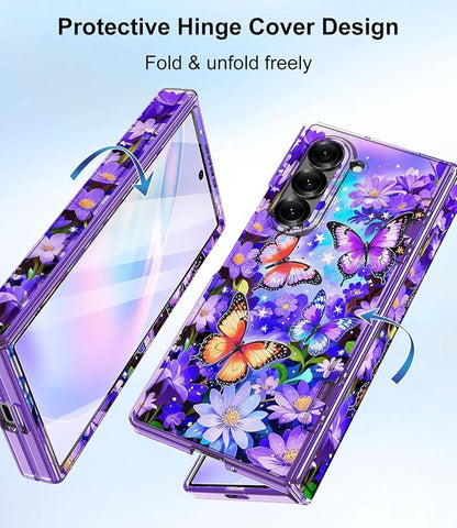 Btscase for Samsung Galaxy Z Fold 6 Case,Built in Front Screen Protector,Gold Glitter Marble Pattern Hard PC Slim Shockproof Full Body Drop Protective Case for Galaxy Z Fold 6 5G, Bright Purple
