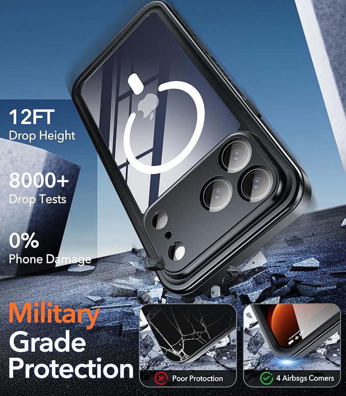Oterkin Waterproof Case for iPhone 17 Pro Case Compatible with MagSafe, Full Body Rugged iPhone 17 Pro Phone Case with Built-in HD Screen & Lens Protector [15FT Military] iPhone 17Pro Case (Blue)