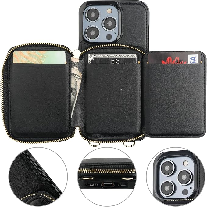 Bocasal RFID Blocking Wallet Case for iPhone 14 Pro, Adjustable Crossbody Zipper Purse Case Card Holder with Kickstand Detachable Wrist Strap, PU Leather Flip Folio Case 6.1 Inch 5G (Black)