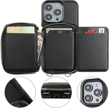 Bocasal RFID Blocking Wallet Case for iPhone 14 Pro, Adjustable Crossbody Zipper Purse Case Card Holder with Kickstand Detachable Wrist Strap, PU Leather Flip Folio Case 6.1 Inch 5G (Black)