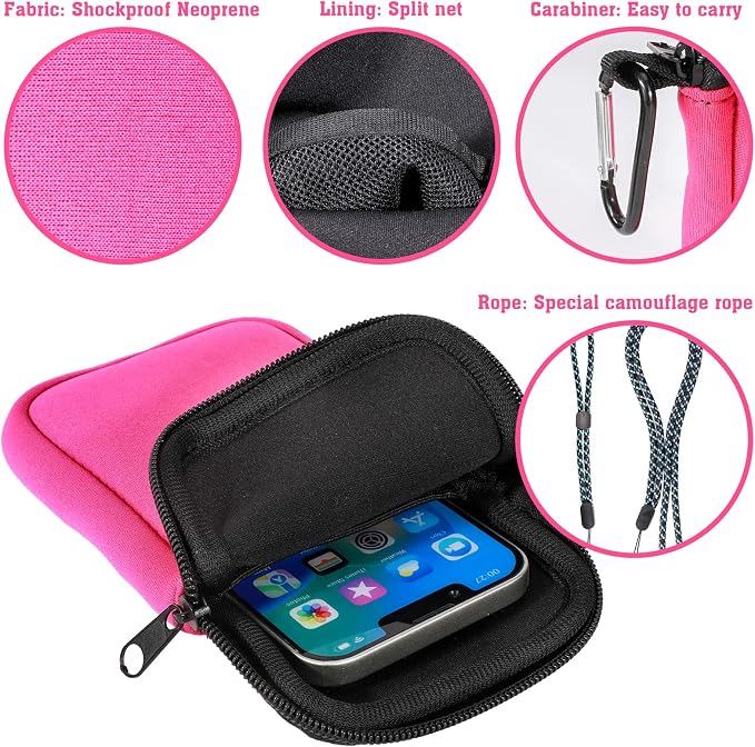 Pwsap Phone Sock, Universal Shock & Impact Resistant Neoprene Pouch with Carabiner and Lanyard Strap Sleeve Case for Hiking & Travelling Phone Bag Fits Phones up to 7 Inches, Rose Pink, M