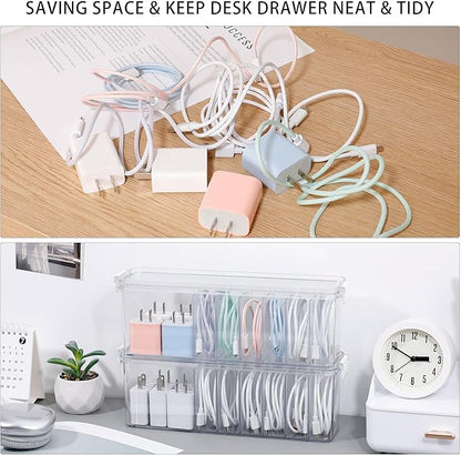 2 Pack Cord Organizer Box for Desk Drawer, Clear Phone Charger Cable Storage Container with Lid