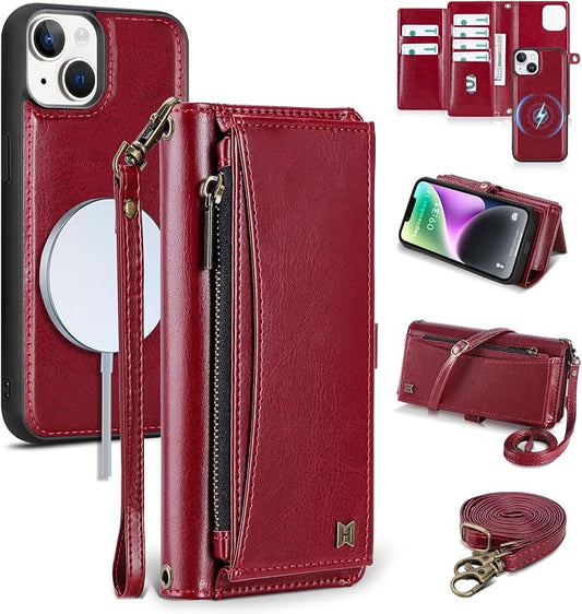 Wallet Case for iPhone 14 with Card Holder/Crossbody Wallet/Strap| RFID Blocking | Magnetic | Kickstand | Detachable | PU Leather Phone Case for iPhone 14,6.1 in,Wine Red