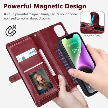 Wallet Case for iPhone 14 with Card Holder/Crossbody Wallet/Strap| RFID Blocking | Magnetic | Kickstand | Detachable | PU Leather Phone Case for iPhone 14,6.1 in,Wine Red