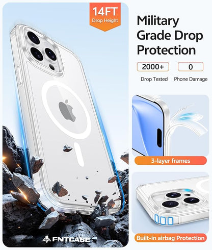 FNTCASE for iPhone 15 Pro Max Case, Fit for Magsafe, Glass Screen Protector | Anti Yellowing, Magnetic Phone Cases, 14FT Military Grade Drop Protection, Slim Shockproof Protective Cover, Clear