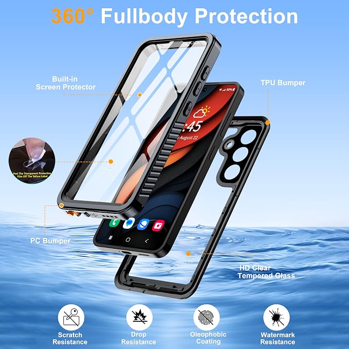 GOLDJU for Samsung Galaxy S25 Plus Case Waterproof,IP68 Waterproof Dustproof Case with Built-in Screen Protector, Full Body Protective Phone Cover for Galaxy S25 Plus 6.6 Inch, Black/Clear