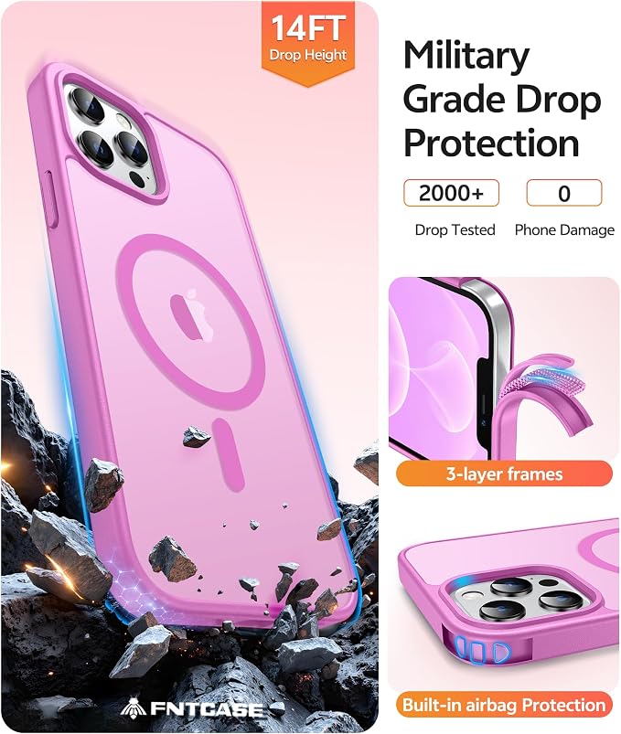 FNTCASE for iPhone 12 Pro Max Case: [Compatible with Magsafe] Translucent Matte Magnetic Phone Cover - Military Grade Drop Protection Shockproof Protective Cases - Pink