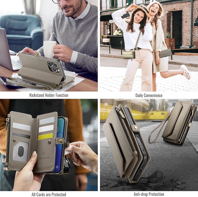 Strapurs Wallet Case Compatible with iPhone 16 Pro 6.3" RFID Blocking 10-Card Holder Soft PU Leather Magnetic Snap Shoulder Strap Zipper Pocket Phone Case Fit for iPhone 16 Pro for Women - Grey