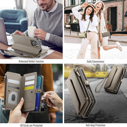 Strapurs Wallet Case Compatible with iPhone 16 Pro 6.3" RFID Blocking 10-Card Holder Soft PU Leather Magnetic Snap Shoulder Strap Zipper Pocket Phone Case Fit for iPhone 16 Pro for Women - Grey