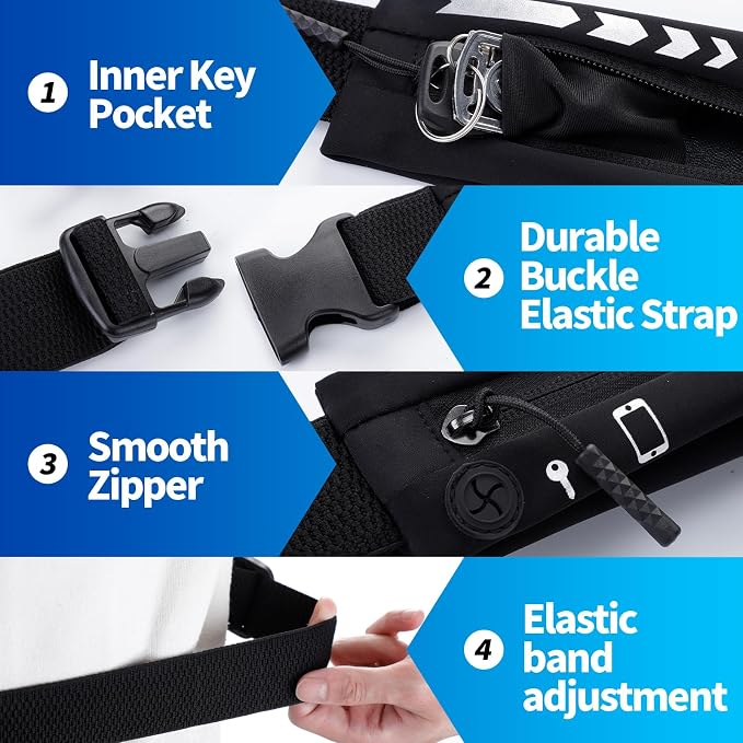 USHAKE Slim Running Belt for Women Men-Runners Phone Holder Fanny Pack, Adjustable, Bounce Free Waist Pouch bag for Workout, Money Belt, Run Gear Accessories Black