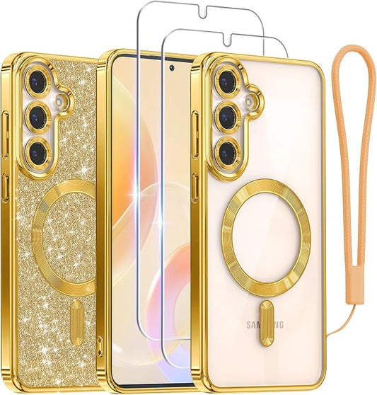 Meifigno Designed for Samsung Galaxy S25 Plus Case, [Compatible with MagSafe] [2X HD Screen Protectors] [Glitter Card & Wrist Strap] Surround Raised Lens Protection Case for S25 Plus 6.7", Gold