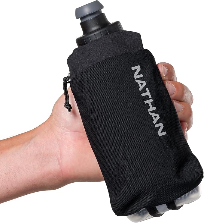 Nathan SpeedDraw 2 Insulated Handheld Running Water Bottle Flask – Double-Wall Insulation, Ergonomic Grip, Blast Valve Cap, Phone & Key Storage Pockets, Reflective Design - 12oz Insulated - Black