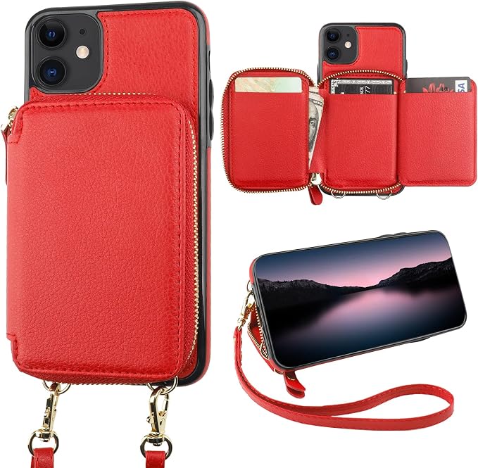 Bocasal RFID Blocking Wallet Case for iPhone 11, Adjustable Crossbody Zipper Purse Case Card Holder with Kickstand Detachable Wrist Strap, PU Leather Flip Folio Case 6.1 Inch (Red)