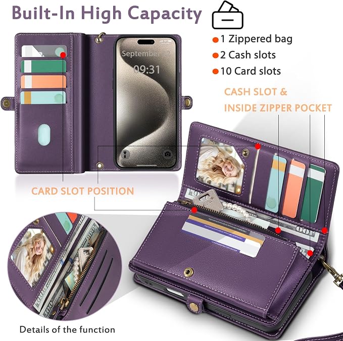 for Wallet Case Compatible with iPhone 15 Pro Max,Multi-Function Detachable 2 in 1 Magnetic iPhone 15 Pro Max Case Wallet,Flip Strap Zipper Card Holder Phone Case with Shoulder Straps (Pruple)
