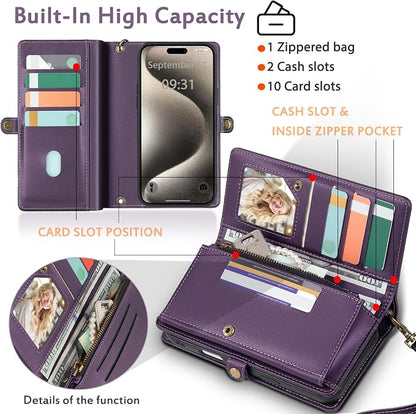 for Wallet Case Compatible with iPhone 15 Pro Max,Multi-Function Detachable 2 in 1 Magnetic iPhone 15 Pro Max Case Wallet,Flip Strap Zipper Card Holder Phone Case with Shoulder Straps (Pruple)