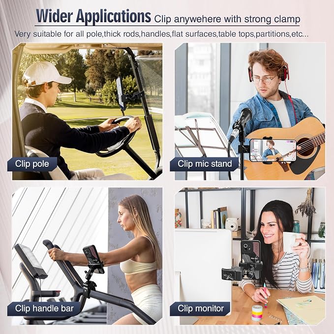 Clip Phone Holder for Desk,Pole,Pipe,Boom,Flat Surface with Adjustable Aluminium Arm Phone Clamp Mount for Mic Stand,Treadmill Compatible with All 4-7” Cell Phone (Short-Aluminium Arm Phone Holder)