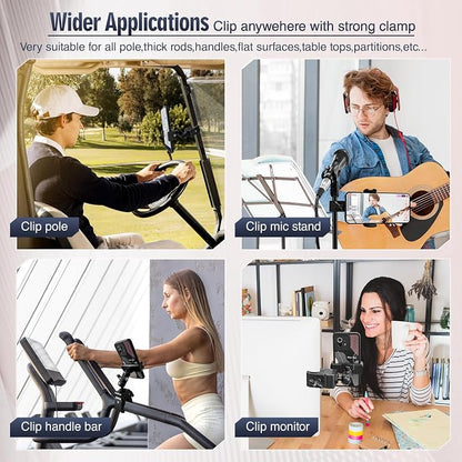 Clip Phone Holder for Desk,Pole,Pipe,Boom,Flat Surface with Adjustable Aluminium Arm Phone Clamp Mount for Mic Stand,Treadmill Compatible with All 4-7” Cell Phone (Short-Aluminium Arm Phone Holder)