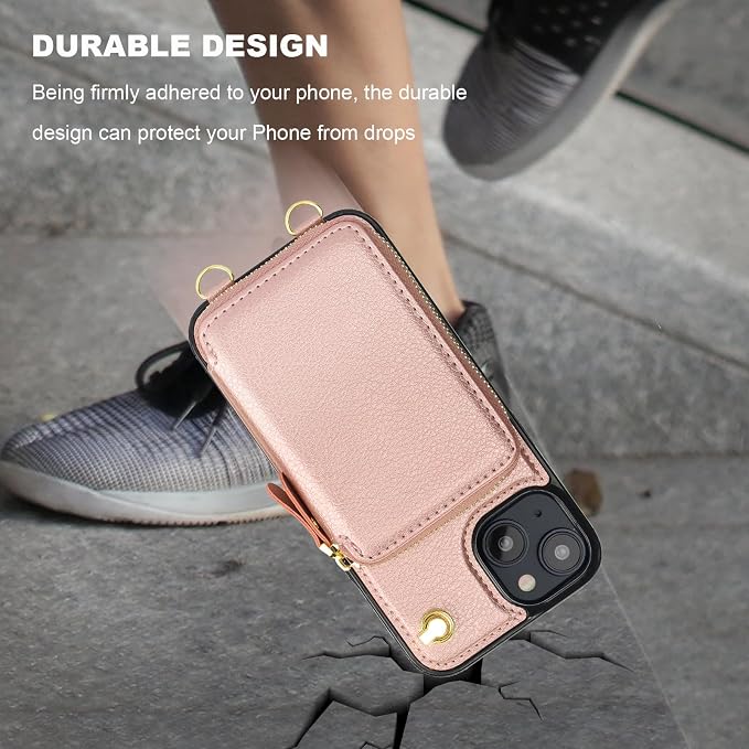 Bocasal for MagSafe Crossbody Wallet Case Compatible with iPhone 15, RFID Blocking Protective Purse Case with Card Slots Holder Kickstand Wrist Strap Lanyard Zipper 6.1 Inch 5G (Rose Gold)