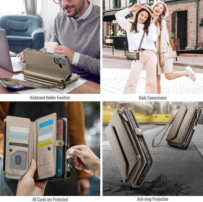 Strapurs Wallet Case Compatible with iPhone 16 Plus 6.7" RFID Blocking 10-Card Holder Soft PU Leather Magnetic Snap Shoulder Strap Zipper Pocket Phone Case Fit for iPhone 16 Plus - Desert Titanium