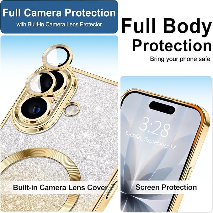 Hython for iPhone 17 Case Glitter Clear Magnetic Phone Cases [Compatible with MagSafe] Full Camera Lens Protector Sparkle Luxury Plating Slim Shockproof Protective Cover Women, Gradient Gold