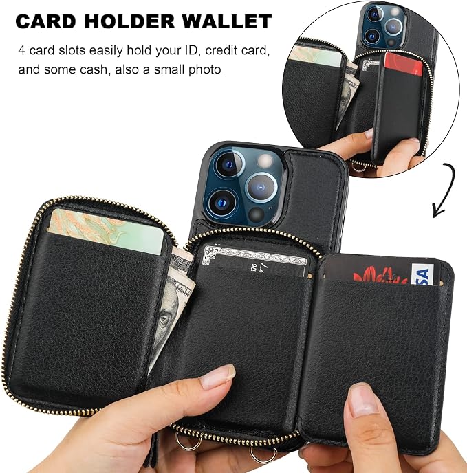 Bocasal RFID Blocking Wallet Case for iPhone 13 Pro, Adjustable Crossbody Zipper Purse Case Card Holder with Kickstand Detachable Wrist Strap, PU Leather Flip Folio Case 6.1 Inch 5G (Black)