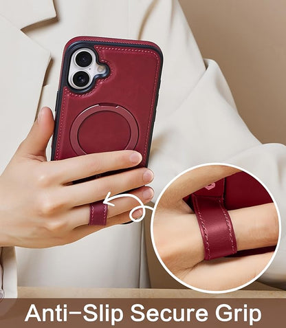 for iPhone 17 Leather Case with Stand, Anti-Slip Grip Ring, Fits for MagSafe (Burgundy, iPhone 17)