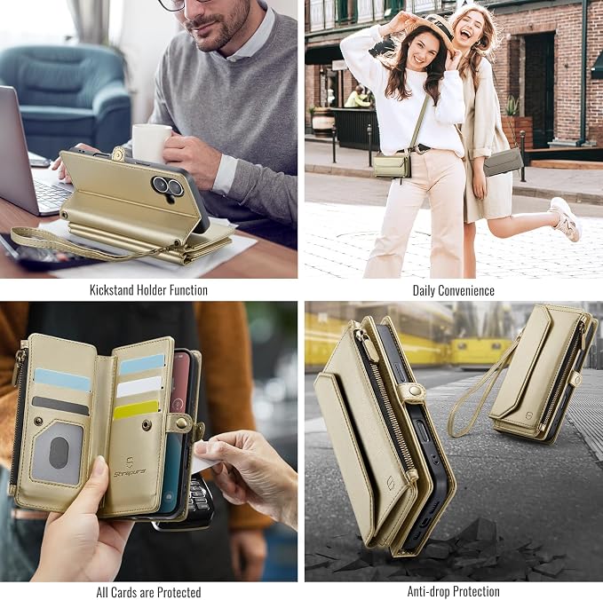 Strapurs Wallet Case Compatible with iPhone 16 6.1" RFID Blocking 7-Card Holder Soft PU Leather Magnetic Snap Shoulder Strap Zipper Pocket Phone Case Fit for iPhone 16 for Women - Gold