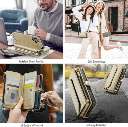 Strapurs Wallet Case Compatible with iPhone 16 6.1" RFID Blocking 7-Card Holder Soft PU Leather Magnetic Snap Shoulder Strap Zipper Pocket Phone Case Fit for iPhone 16 for Women - Gold