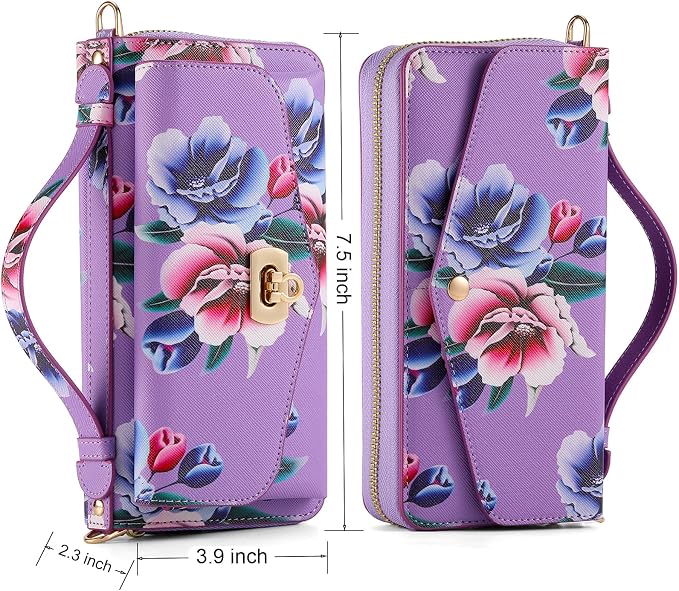 Crossbody Wallet Case for iPhone 16 Pro Max, Magnetic Detachable Floral PU Leather Phone Case with RFID Blocking Card Holder Wristlet Mirror Flip Zipper Shoulder Purse for Wome - Purple