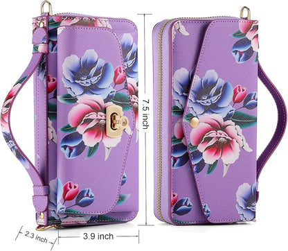 Crossbody Wallet Case for iPhone 16 Pro Max, Magnetic Detachable Floral PU Leather Phone Case with RFID Blocking Card Holder Wristlet Mirror Flip Zipper Shoulder Purse for Wome - Purple