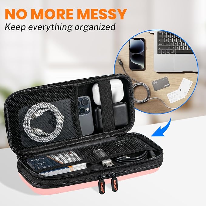 Pink Double-Layer Hard Carrying Case,Travel Pouch for Women | Portable Electronics Organizer Travel Pouch for Girls, Roomy Zipper Tech Bag for Charger, Phone, Power Bank, Cable & Cord
