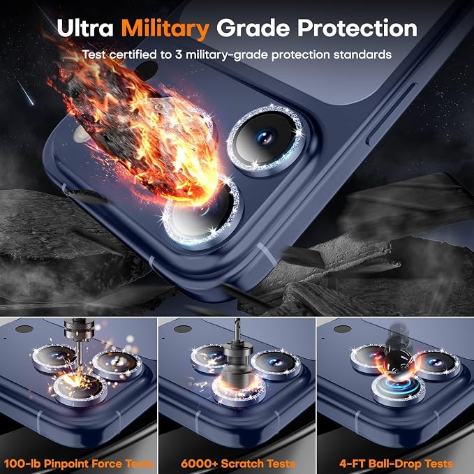 Camera Lens Protector for iPhone 17 Pro Max/17 Pro/16 Pro Max/16 Pro/15 Pro Max/15 Pro/14 Pro Max/14 Pro,Tempered Glass Metal Individual Camera Cover[Anti-drop]Case Friendly- Glitter Deep Blue