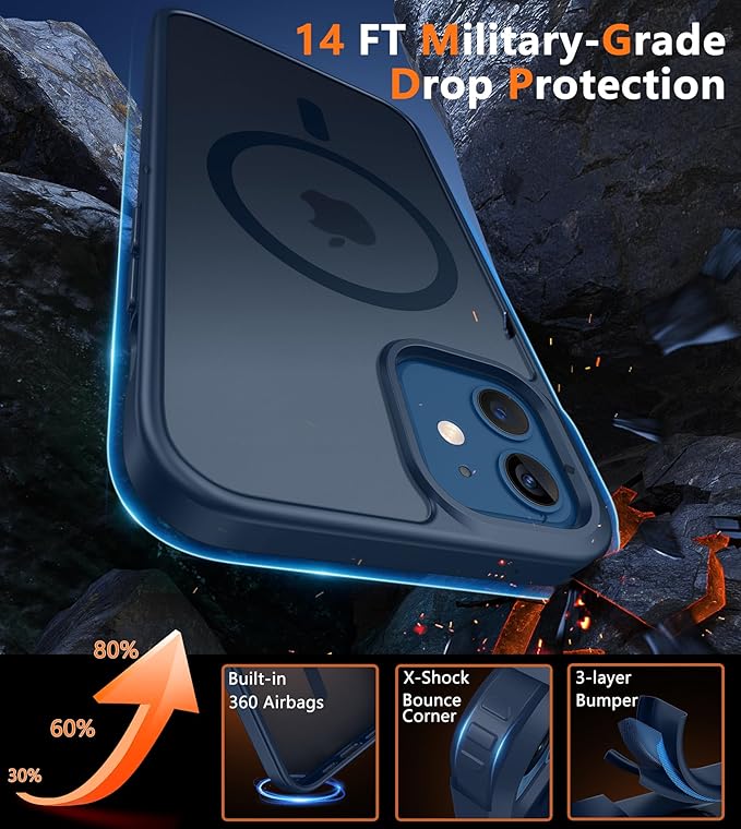 FNTCASE for iPhone 12 Phone Case: for iPhone 12 Pro Magnetic Matte Textured Military Grade Drop Protection Translucent Cell Cover - Slim Durable Shockproof Protective Bumper