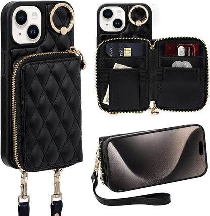 Keallce Case for iPhone 15 6.1'' Wallet Case, Crossbody Zipper Purse with Wrist Strap Lanyard Handbag for Women, RFID Blocking Card Holders, 360° Ring Kickstand Flip Leather Cover for iPhone 15, Black