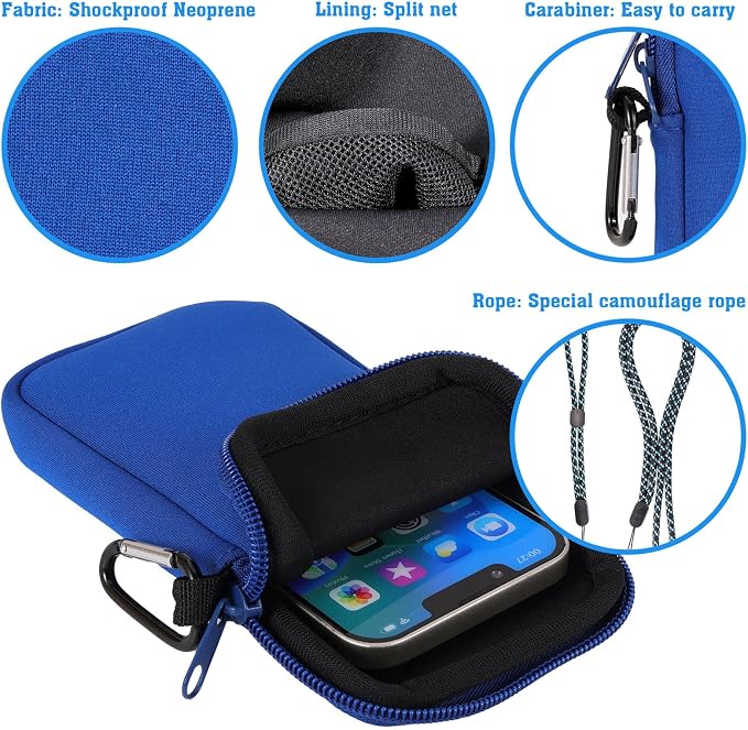 Pwsap Phone Sock, Universal Shock & Impact Resistant Neoprene Pouch with Carabiner and Lanyard Strap Sleeve Case for Hiking & Travelling Phone Bag Fits Phones up to 7 Inches, Light Blue, M