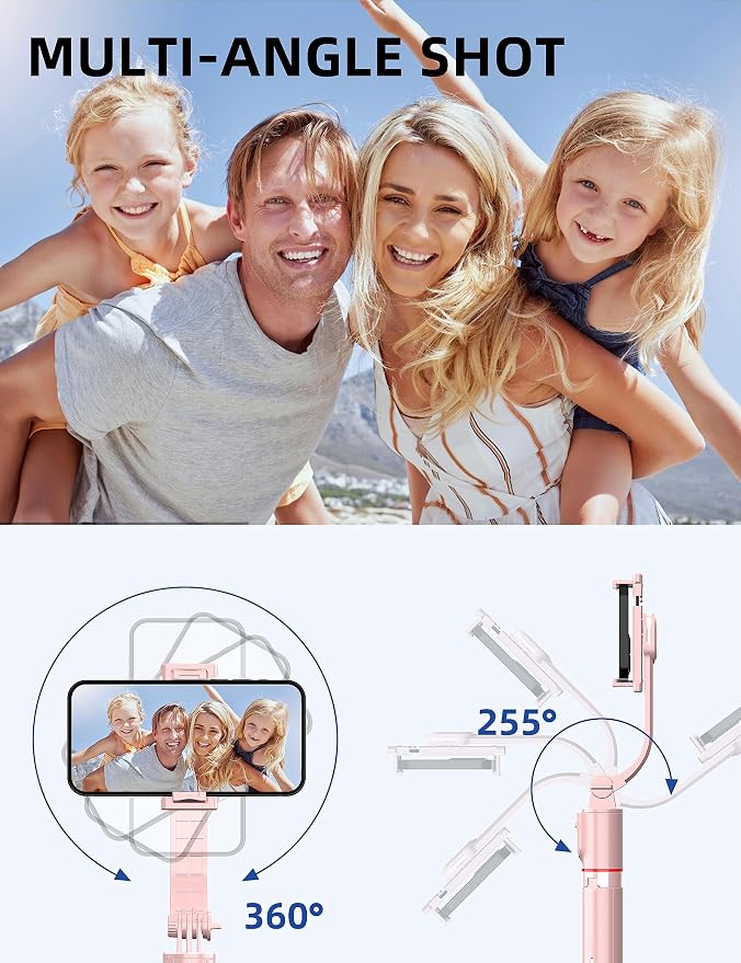 41'' Tripod for Phone, Extendable Selfie Stick with Wireless Remote, Aluminum Cell Phone Tripod Stand 360°Rotate Lightweight & Portable Compatible with iPhone/Android (Pink)