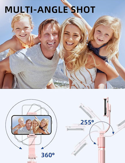 41'' Tripod for Phone, Extendable Selfie Stick with Wireless Remote, Aluminum Cell Phone Tripod Stand 360°Rotate Lightweight & Portable Compatible with iPhone/Android (Pink)
